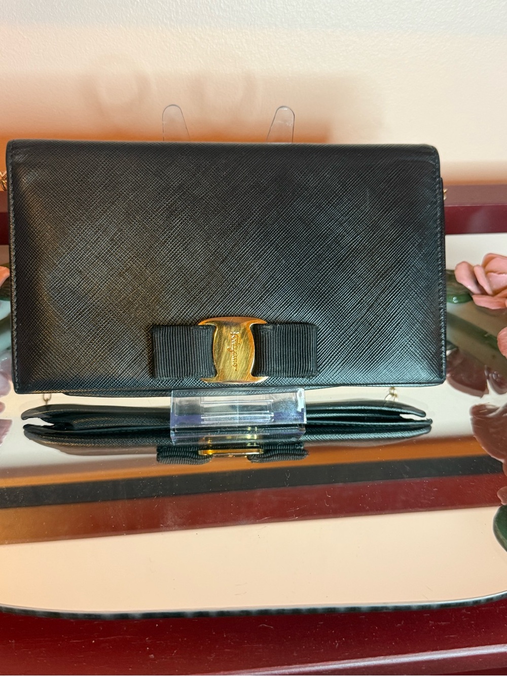 Ferragamo Black Leather Bow Accent Large wallet. Can be use like crossbody